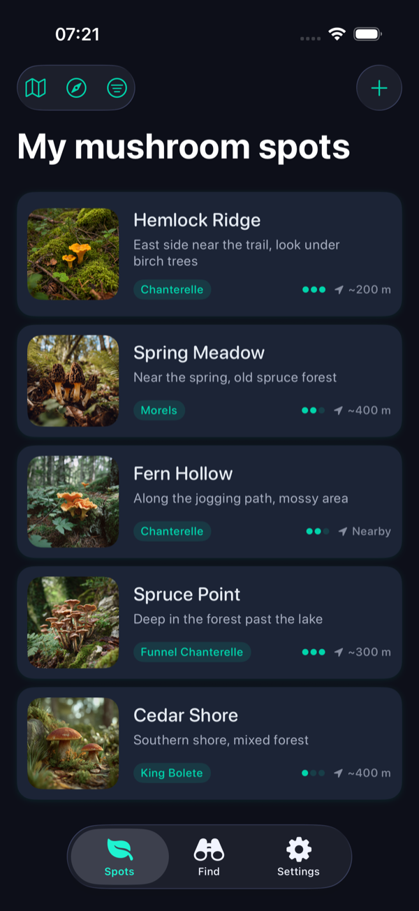My Mushroom Spots saved locations screen
